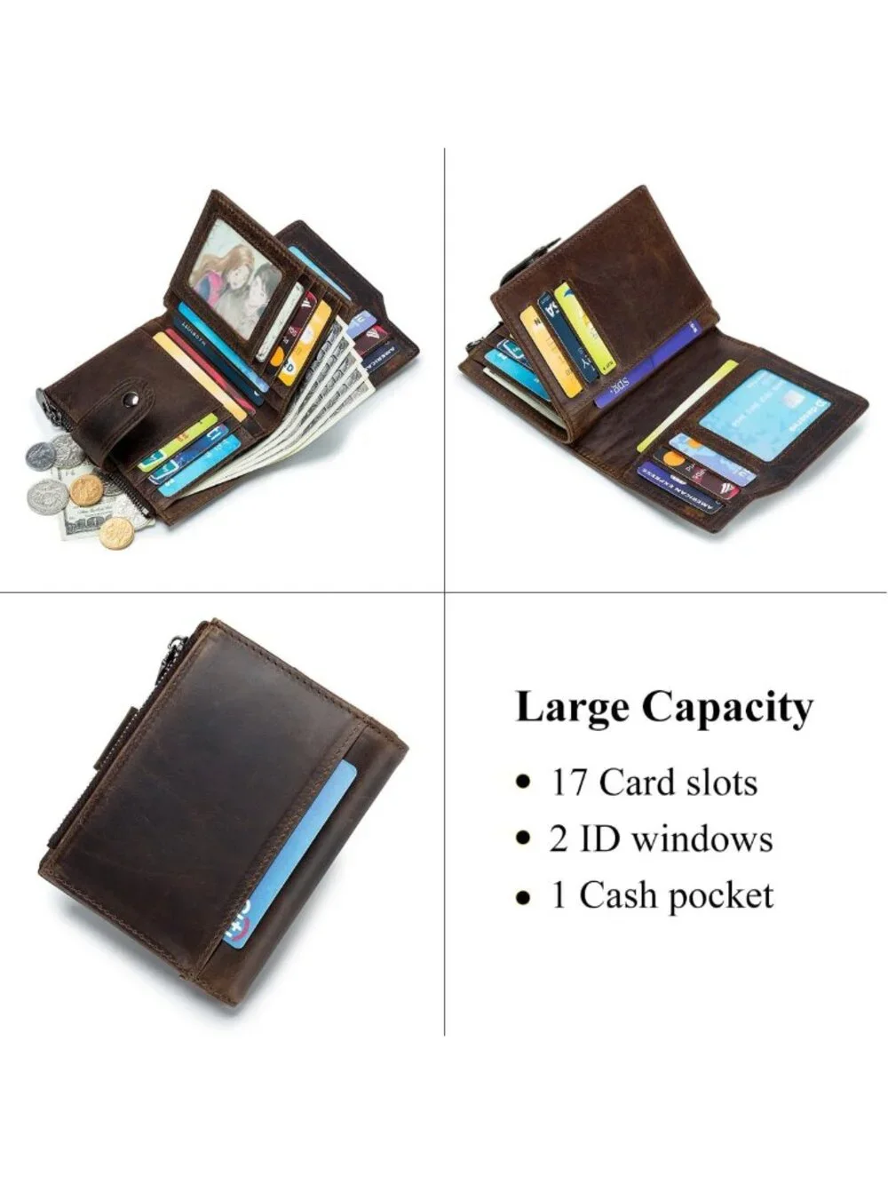 Large Capacity RFID Blocking Leather Wallet for Men, 17 Card Slots & Coin Pocket